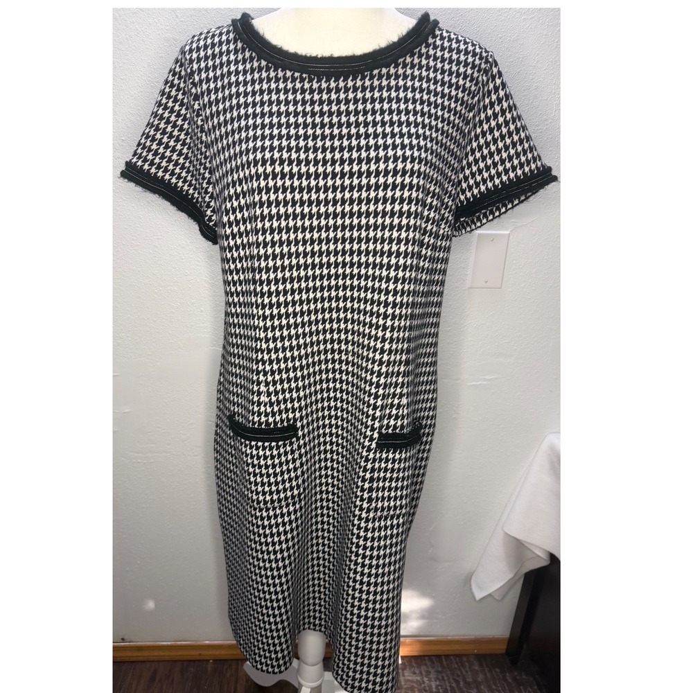 Talbots Houndstooth Shift Dress Black White Fringe Trim Short Sleeve Size 14